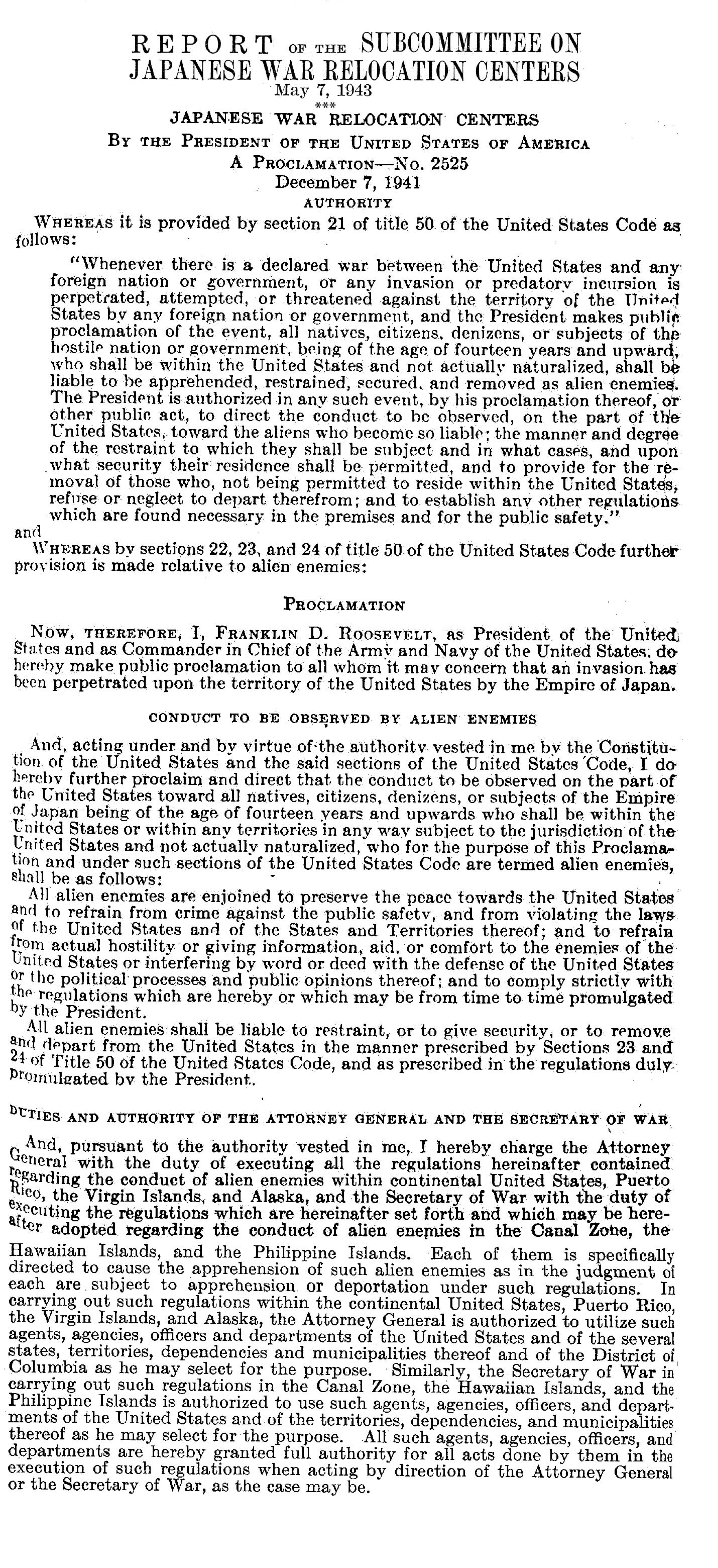 Proclamation  Number 2525 (U.S. Government Document, 1941)